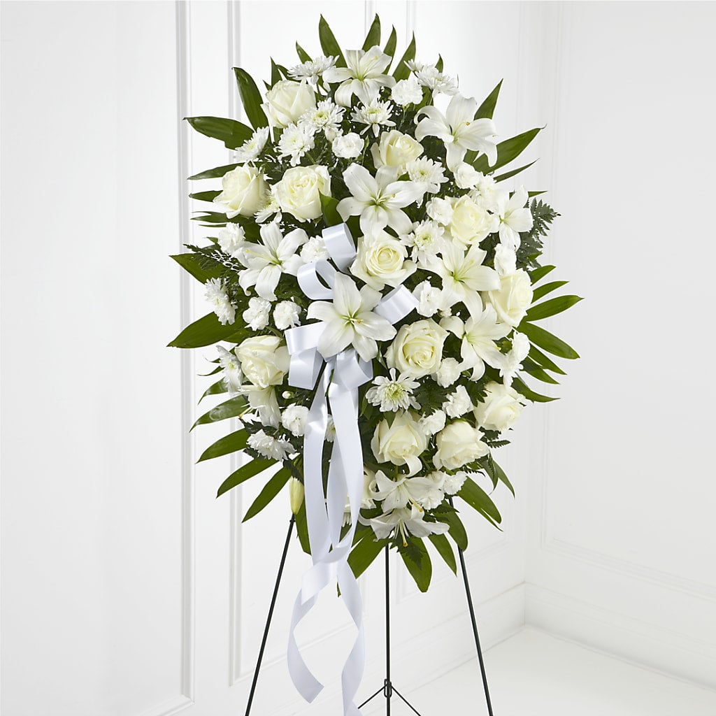 Exquisite Tribute Standing Spray-White Ribbon – D Florals, Jacksonville FL